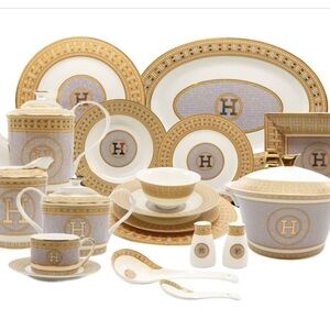 Elegant Mosaic  Gold and Cream Dinnerware Set, 58 pieces, serving for 6